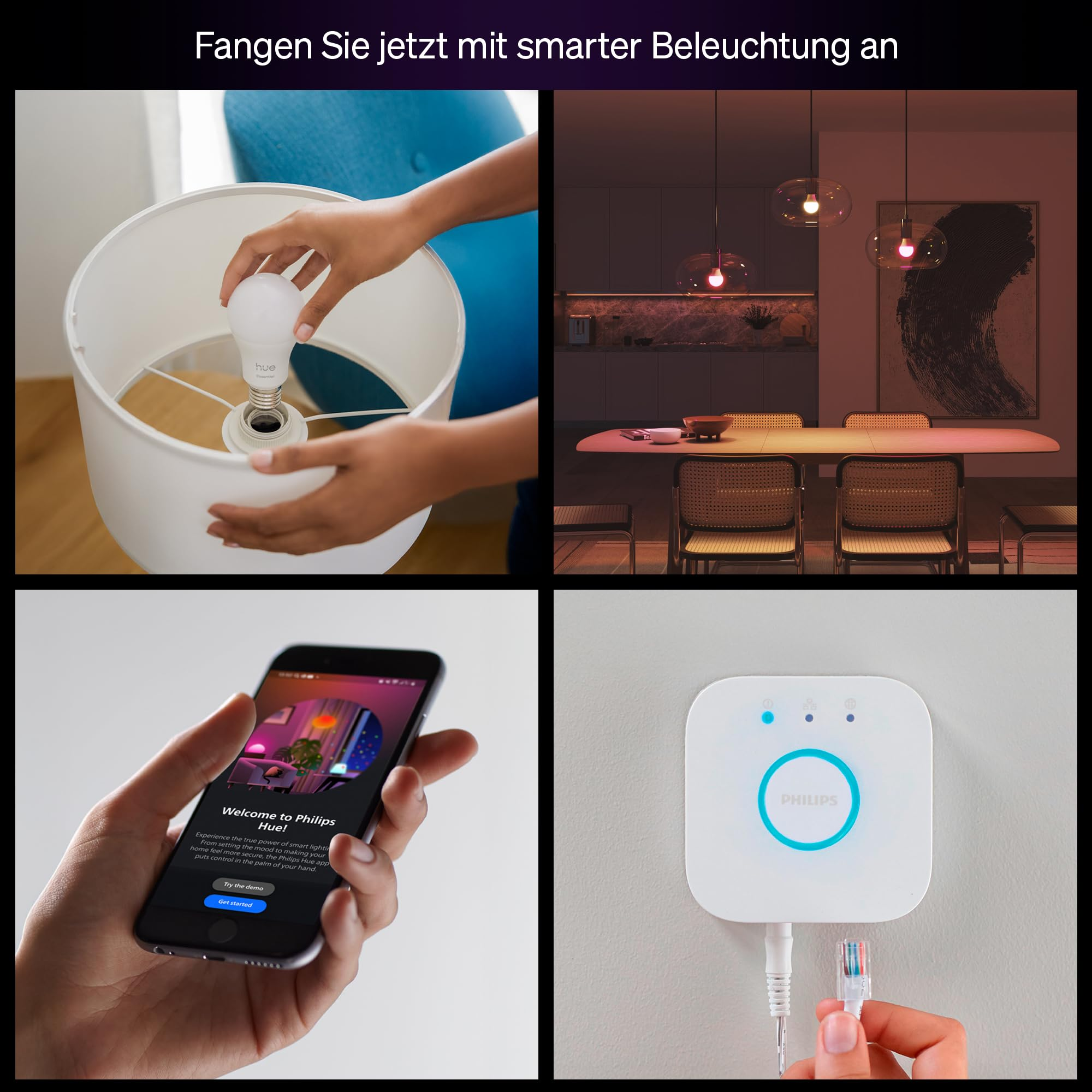 Entdecken Sie das Philips Hue Essential Starter-Set mit Bridge und 4 Lampen! Ste