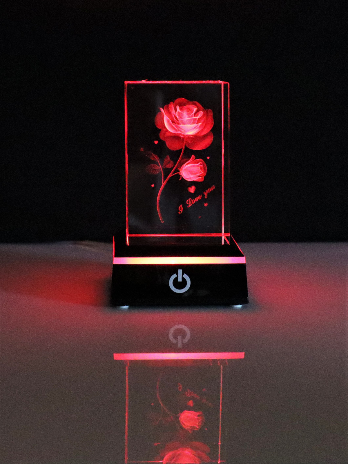 Kristallquader 3D Liebesrose Schrift unten 'I Love You'