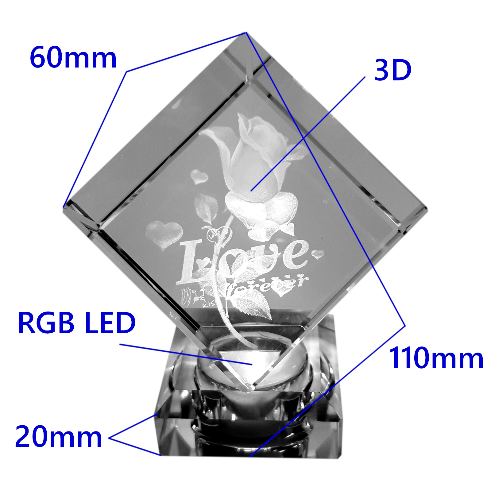 Kristallquader mit 3D Lasergravur Rose 'Love forever'