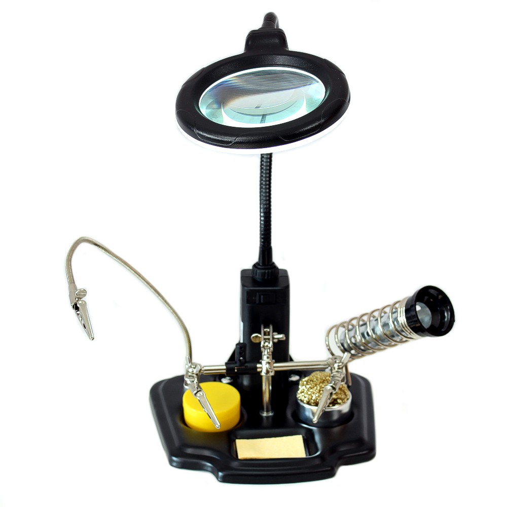 Magnifier lamp with helping hand, soldering iron holder, scraper